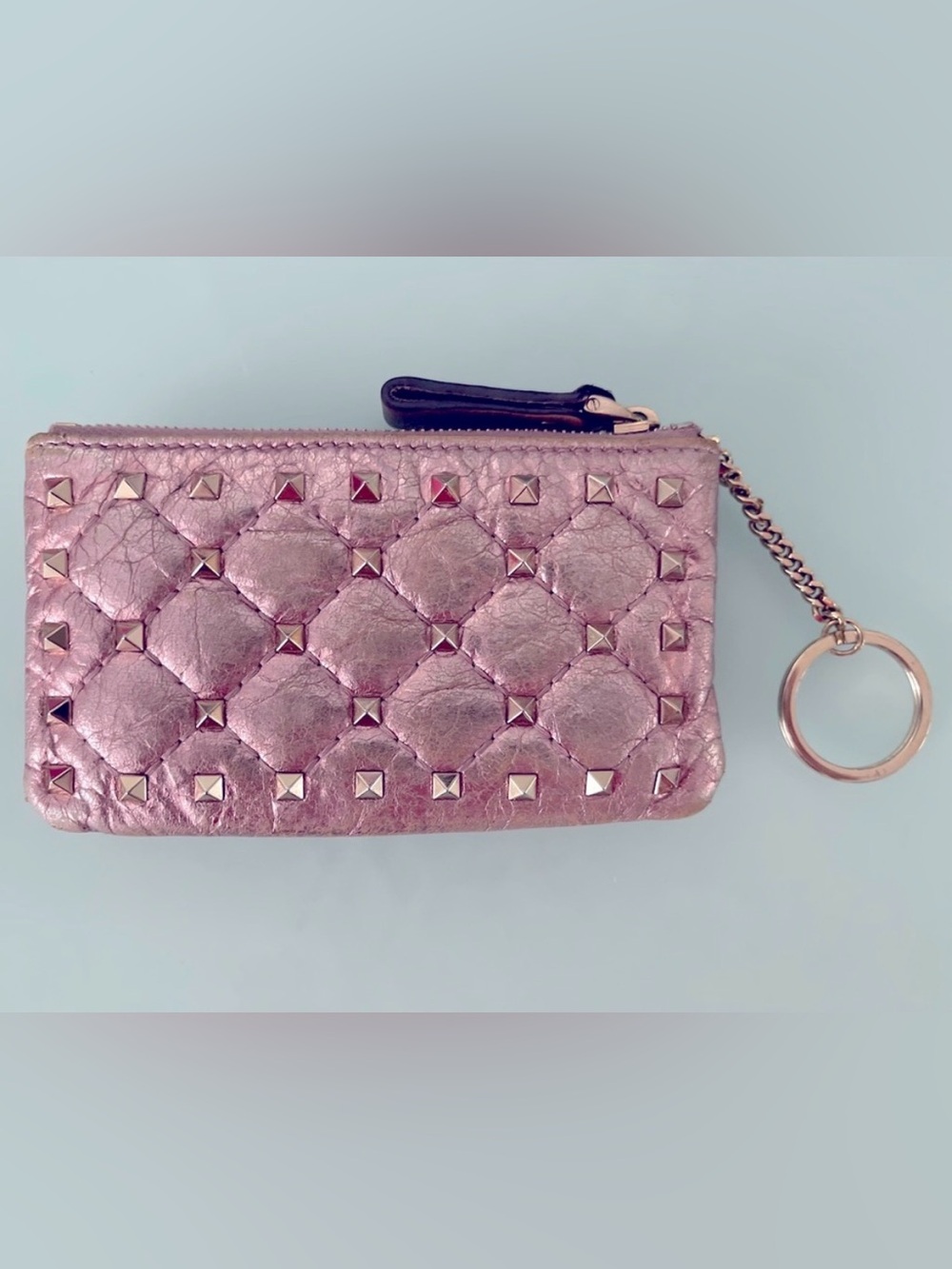Valentino Garavani Metallic Pink Rockstud Quilted Card Holder Wallet